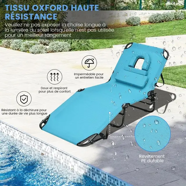 Chaise longue de plage avec trou pour le visage et coussin amovible - Chaise longue portable pour piscine et plage avec design pour se repose-tout-en-seuil et coussin 1