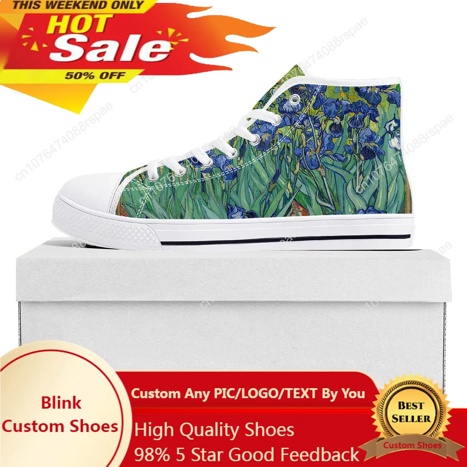 Van Gogh Oil Painting Iris Flower High Top High Quality Sneakers Mens Womens Teenager Canvas Sneaker Couple Shoes Custom Shoe