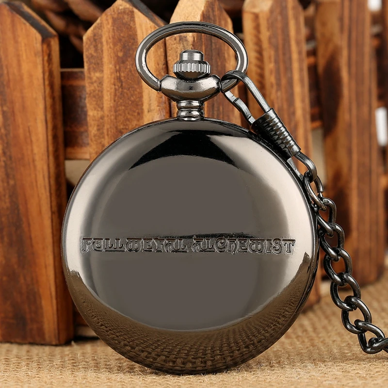 Pocket Watch Vintage Black Fullmetal Alchemist Quartz Steampunk Edward Elric Necklace Chain Fans Cosplay Anime