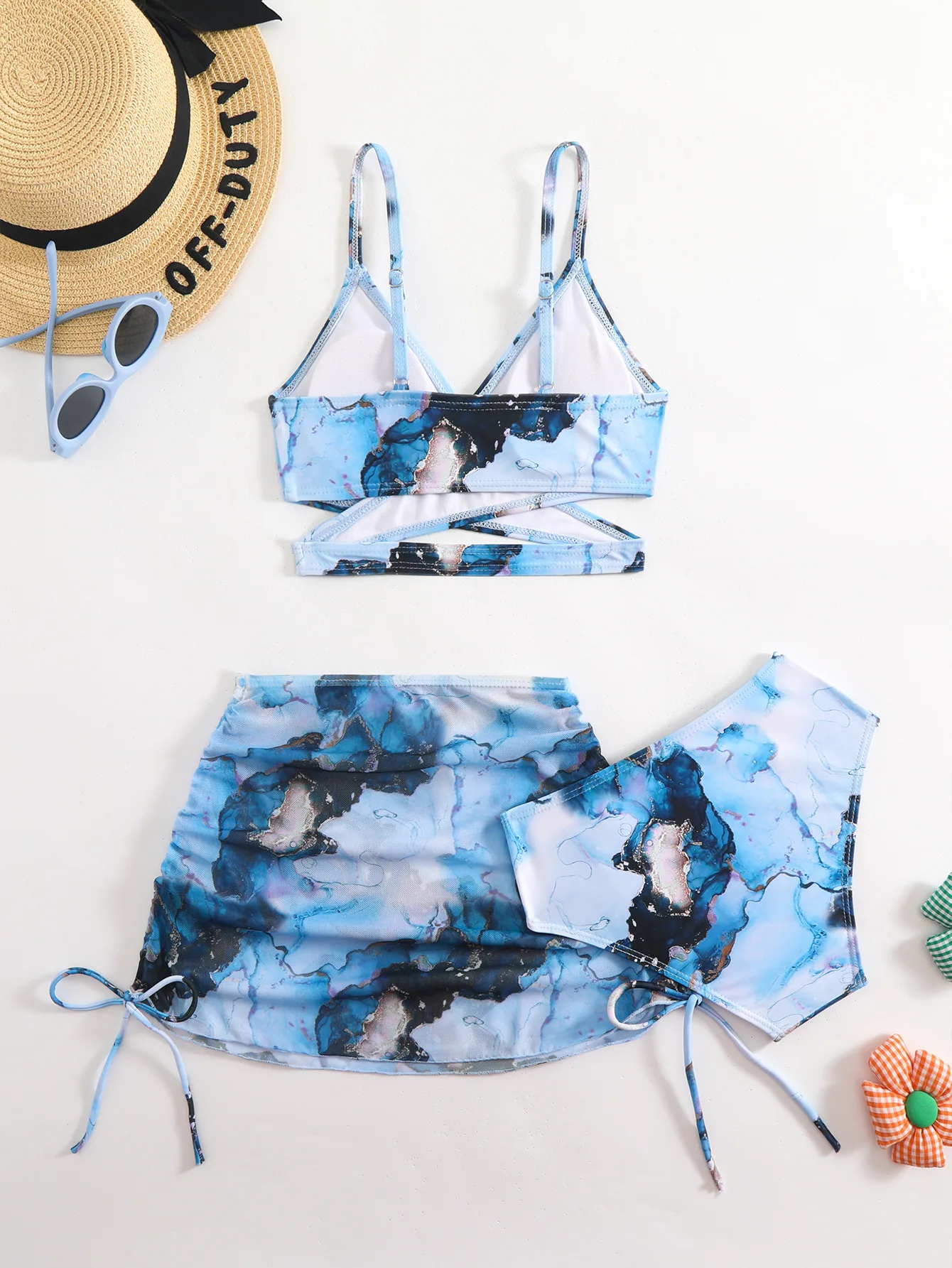 3pcs Swimming Suit for Girls Summer Beach Dress Swimsuit Tie-dye Printed Skirted Bikini Set Kids Bathing Suit