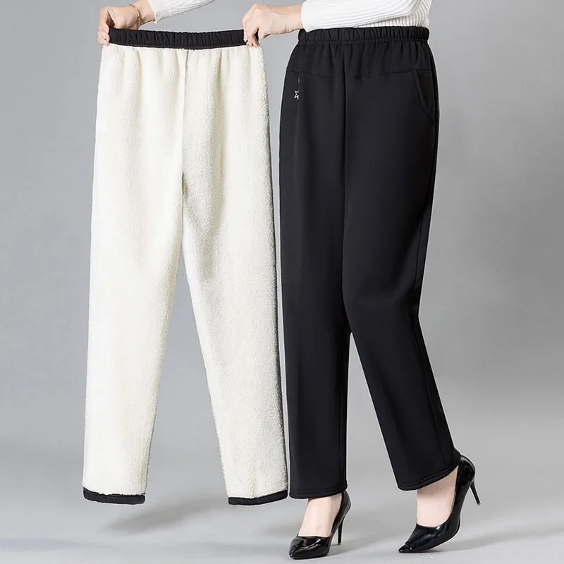 

Новинка 2024, хлопковые брюки для женщин среднего возраста, женские зимние однотонные прямые плотные теплые брюки, офисные женские брюки со средней талией для снега, XL- 5XL