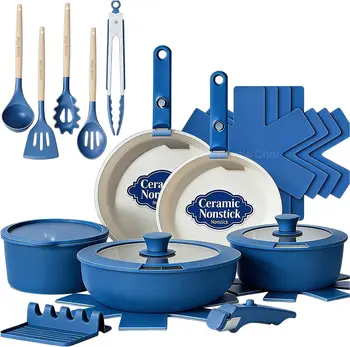 21-Piece Ceramic Cookware Set with Detachable Handles (Navy) 1