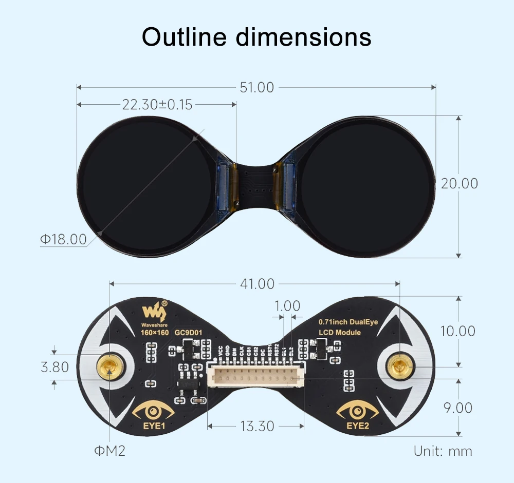 Waveshare Double Eye Round LCD Display Module 0.71inch Option SPI 160x160 65K Co