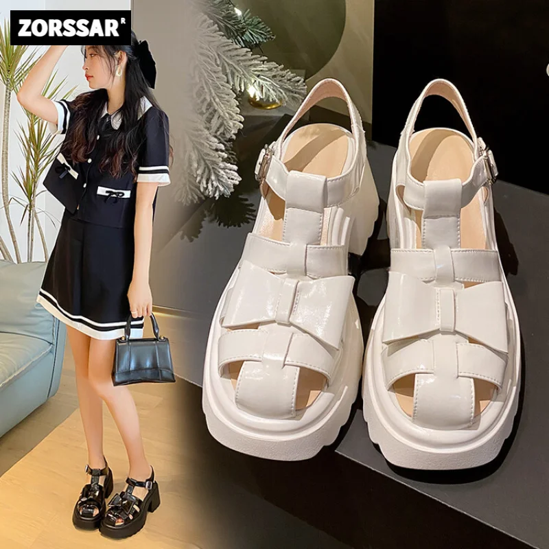 

Womens Gladiator Sandals Thick Bottom Summer Closure Toe Chunky Heels Platform Shoes Genuine Leather Casual Roman Sandals Party