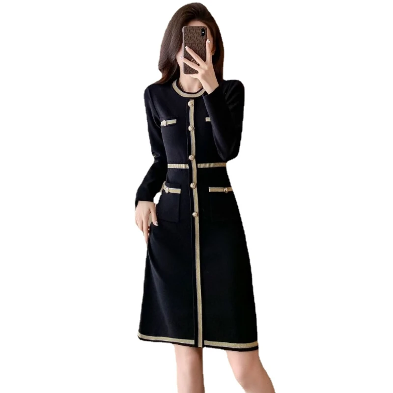 

Luxury 2024 Spring O-neck Dress for Women Long Slevees Waist-slimming Sweater Dress Ladies Viscose Knitted Black Dress Women