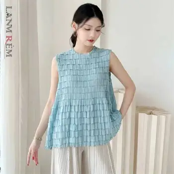 LANMREM Elegante T-shirt da donna plissettata senza maniche, girocollo, vestibilità ampia, per il pendolarismo quotidiano, look elegante, maglia 2DB7516