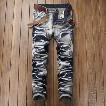 2020 High Quality Men Casual Jeans Coated Slim Straight Pleated Biker Jeans Pants Male Denim Casual Pants Plus Size 42 1