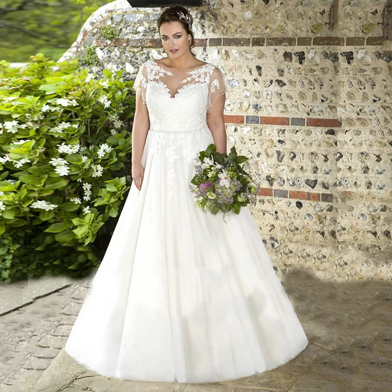 

LAYOUT NICEB Boho Elegant Wedding Dresses for Bride Women Short Sleeves Tulle Plus Size Bridal Gown Lace Applique A-Line Vestido