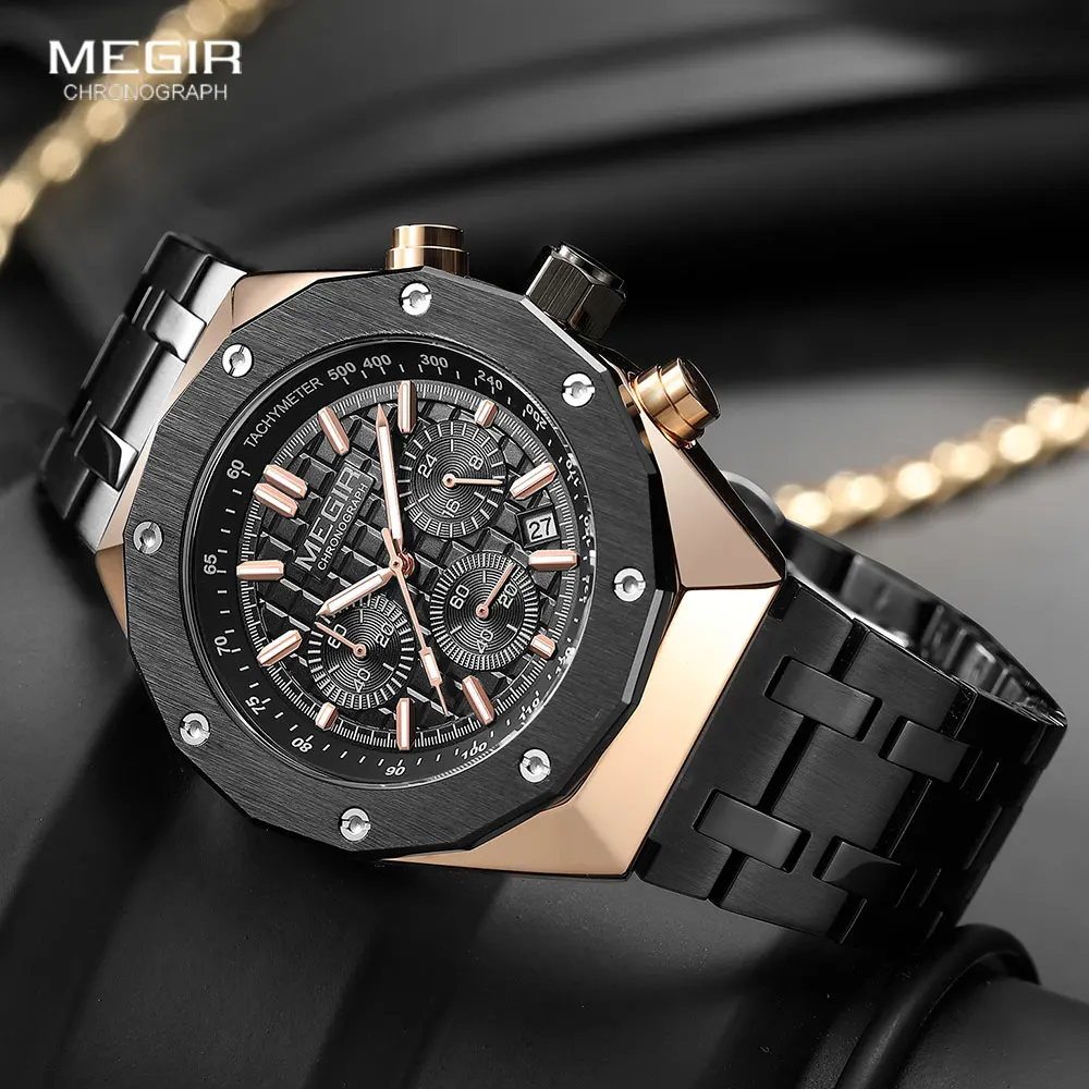 Megir-relógio de Pulso de Quartzo Masculino Impermeável Data Automática Ponteiros Luminosos Cronógrafo Vestido de Moda 2213