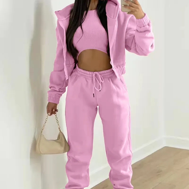 Autumn Winter Women's 3 Piece Sets Casual Long Sleeve Zip Hoodies Tank High Waist Sweatpants Jogger Pant Suits