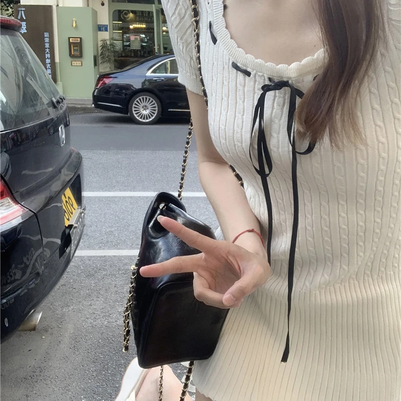 

Slim Knittied Korean Women Lace-up Square Collar Causal Sweet Mini Dress