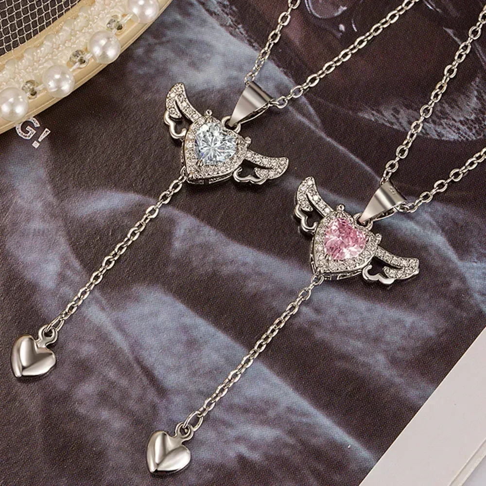 925 sterling silver heart angel wings pendant choker necklaces for women aesthetic jewelry accessories