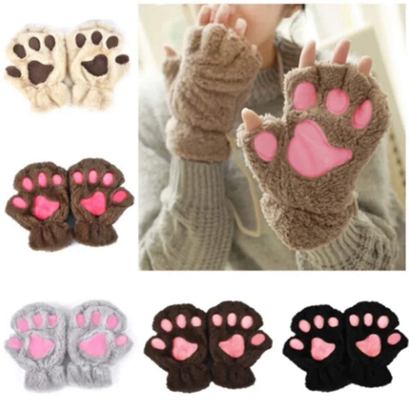 Kawaii Women Cat Gloves Fashion Girls Cat Claw Paw Plush Fingerless Half Finger Winter Gloves