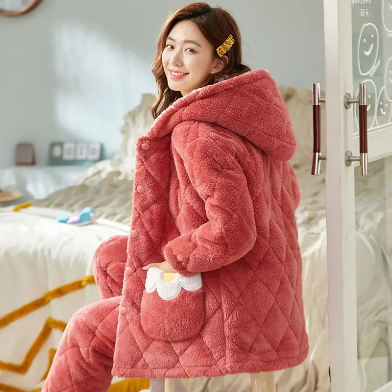 2023 Winter New Women Pajamas Coral Fleece Cotton-Padded Jacket Warm Fleece-Lined Suit Loose Comfortable Suit Home Wear