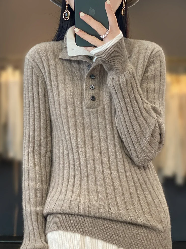 Women's Turn-down Collar Pullover Sweater 100% Merino Wool Autumn Winter Thickened Warm Casual Cashmere Knitwear Clothes