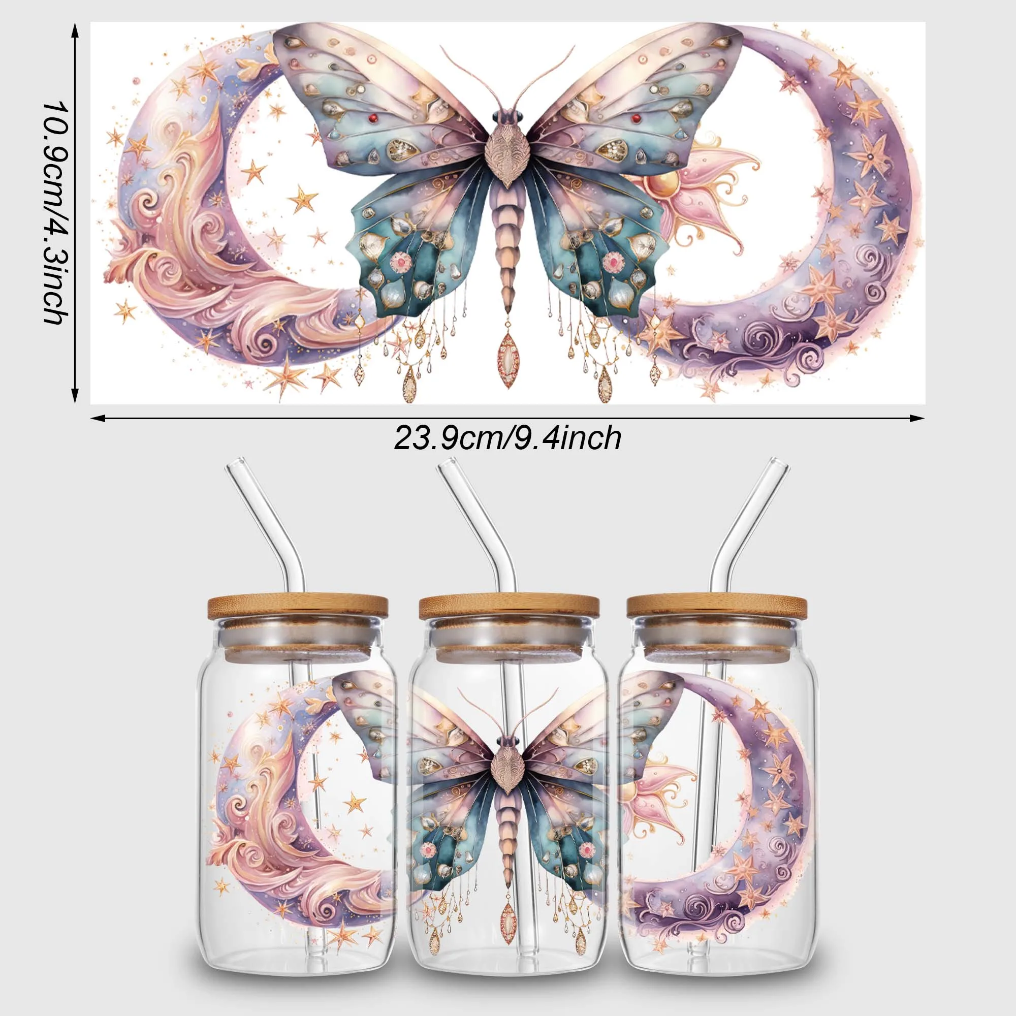 Beautiful butterfly UV DTF Cup Stickers Glass Sport Transfer Stickers Waterproof Wipe Transfers 16 oz Glass Mugs 5 Sheets