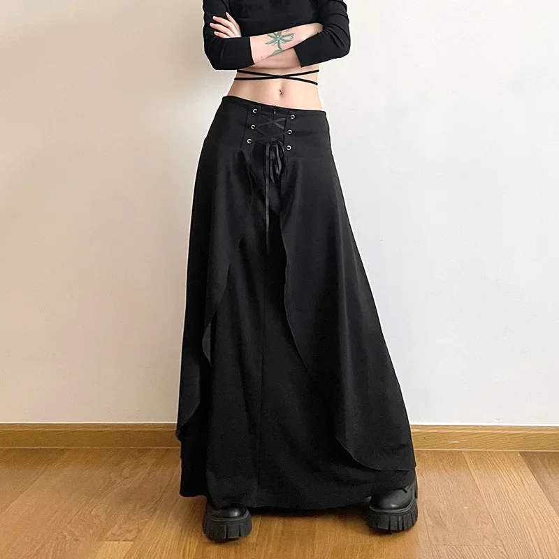 

Женская длинная юбка с оборками, однотонная Регулируемая юбка с высокой и низкой эластичной талией в стиле ретро, юбка в готическом стиле, длинная юбка в стиле эпохи Возрождения