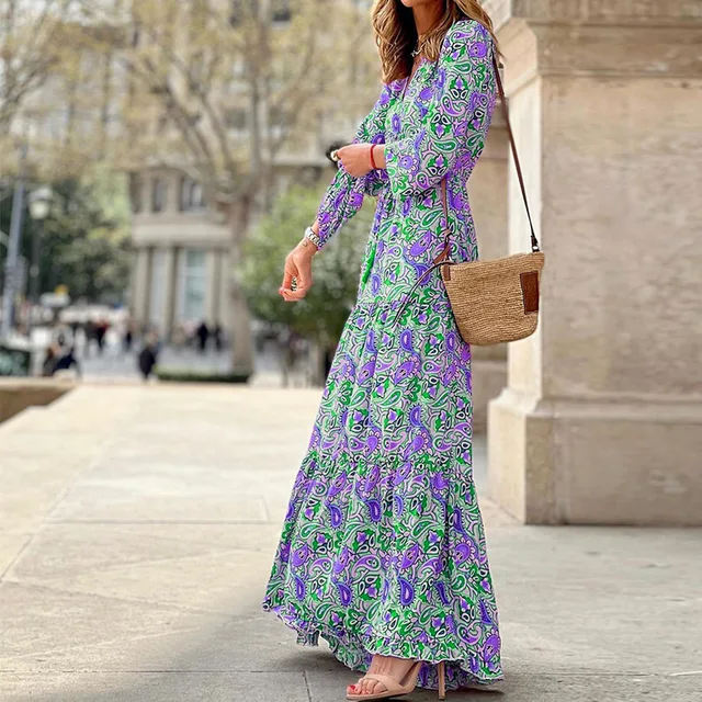 Robes bohème mi-longues pour femmes, nouvelle mode imprimée, Sexy, col en v, manches longues, taille haute, taille élastique, été 1