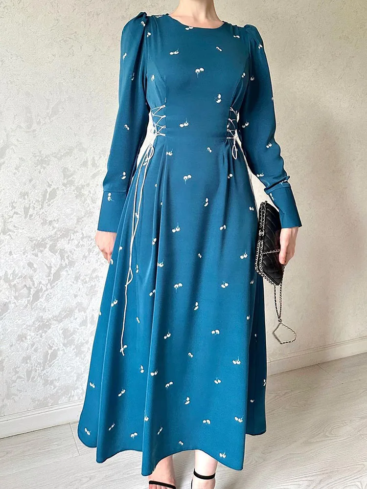 

Long Dress Women Vintage Elegant Floral Print Lace Up Dress Female Autumn Abayas Muslim Casual Loose Long Sleeve O Neck Vestidos