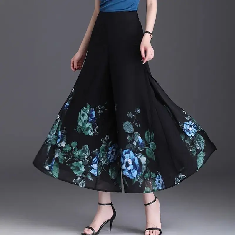 Summer Chinese Style Vintage Chiffon Wide Leg Pants Women High Waist Print Patchwork Pocket Button Straight Cropped Trousers