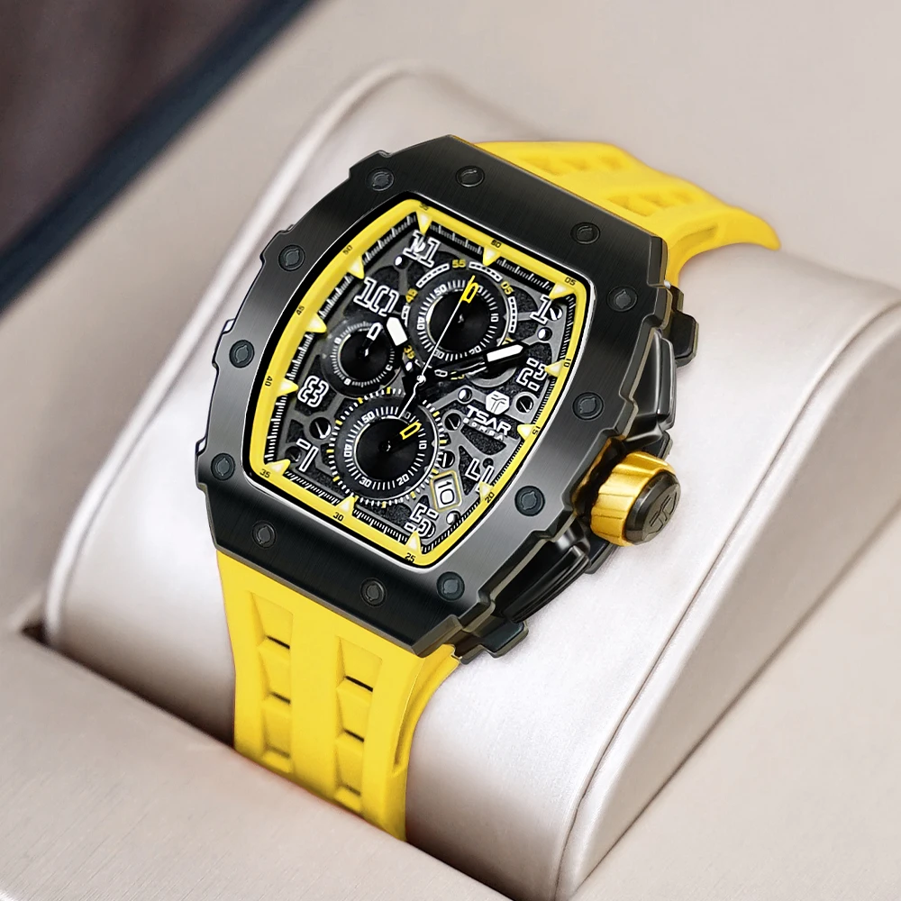 TSAR BOMBA Luxury Mens Watch Tonneau Wristwatch Japan VK67 Quartz Chronograph Sapphire ClockFashion Waterproof Watches for Men