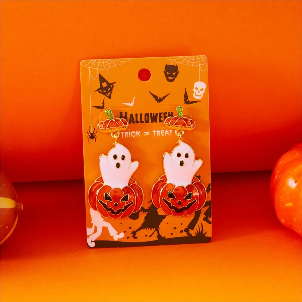 Halloween Ghost Pumpkin Stud Earrings for Women Shiny Zircon Dangle Earring Party Jewelry Gifts