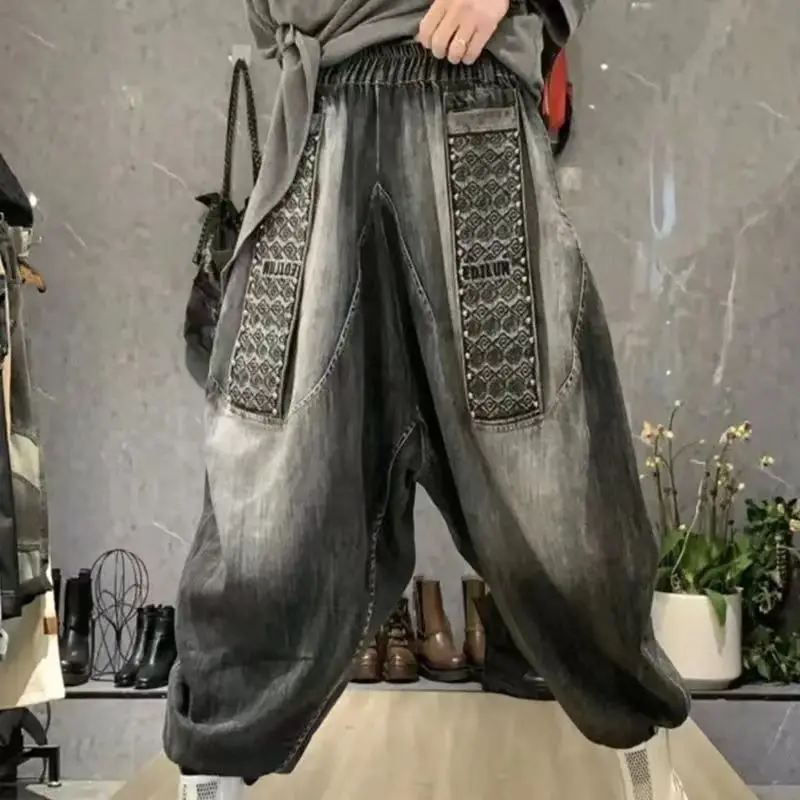 여성 루즈핏 캐주얼 코튼 데님 빅포켓 발목 기장 팬츠 리벳 디자인 하렘 팬츠 2..