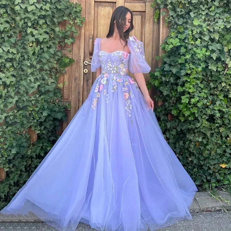 

KSDN Purple Evening Dress Appliques Half Sleeve Floor Length Flowers Pattern Square Collar Organza Formal Occasion Pretty Women