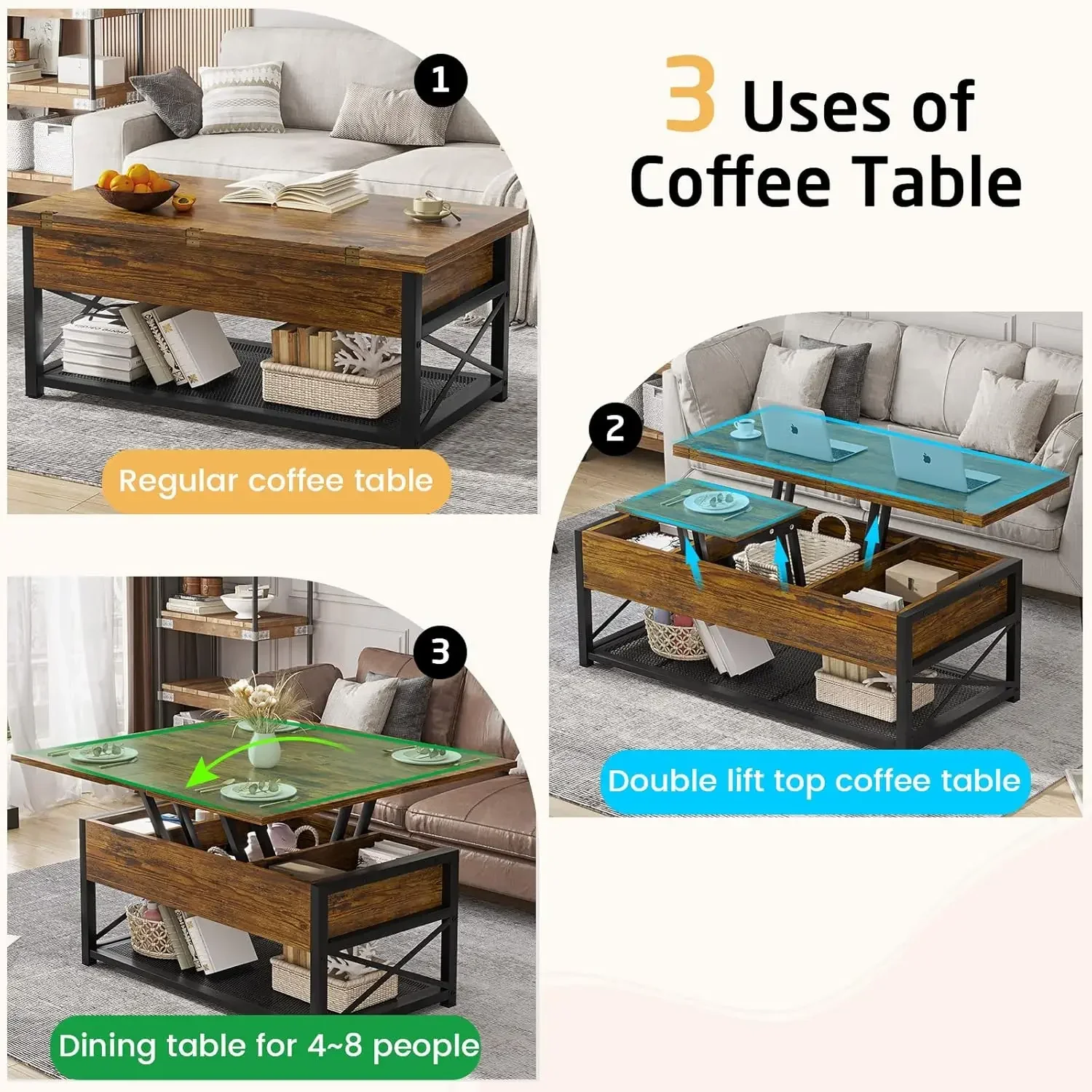 43" Lift Top Coffee Table, 3 in 1 Multi-Function Coffee Table with Storage for Living Room, Small Coffee Table , Rustic Brown. 4
