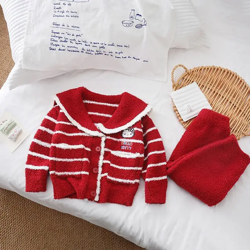여아용 반벨벳 잠옷 가을/겨울 2025 신상 여아용 스트라이프 가디건 투피스 세트 두꺼운 아동용 홈웨어 용