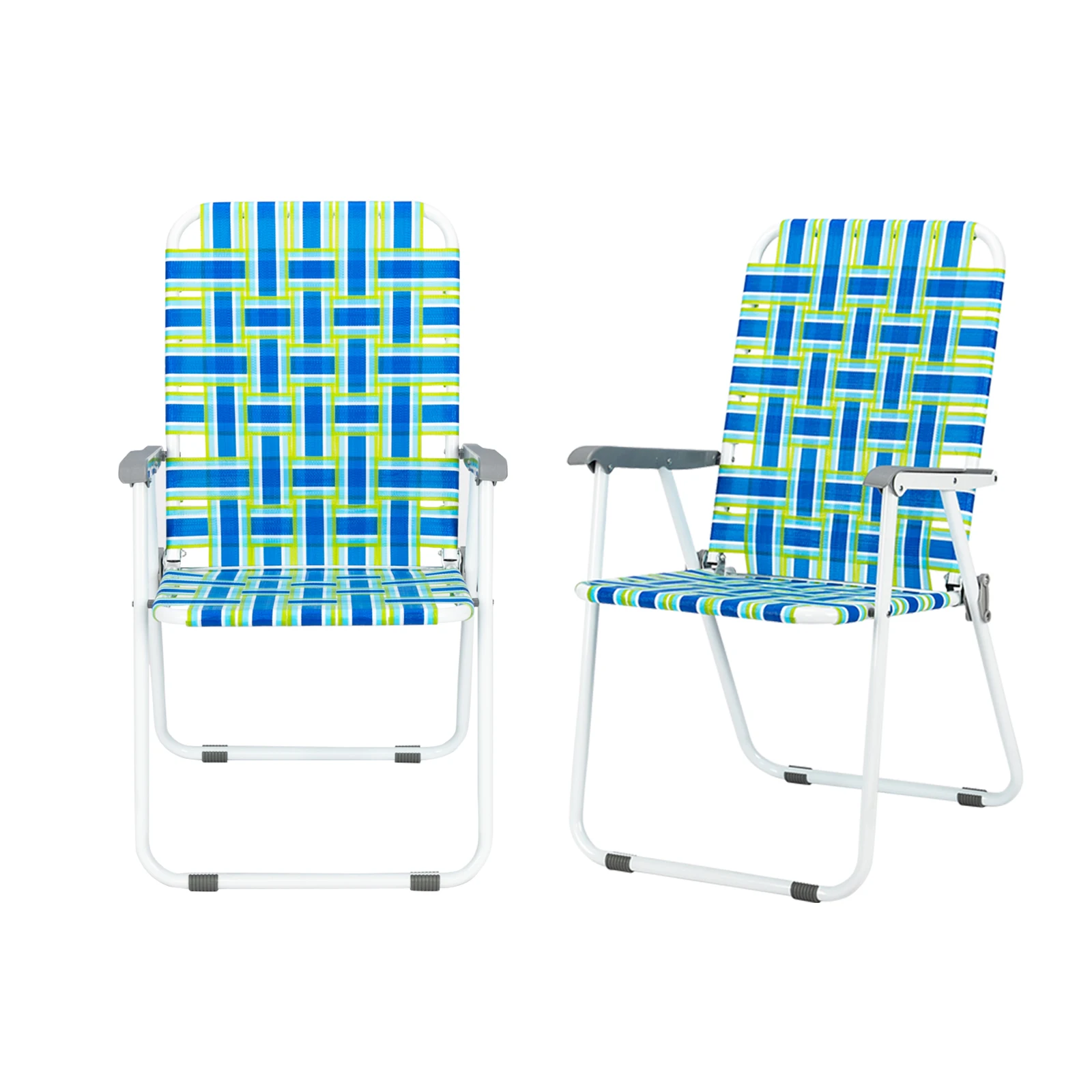 

2Pcs Folding Beach Chair Steel Tube PP Webbing Blue Strip Finishing Chairs Outdoor Camp Chair
