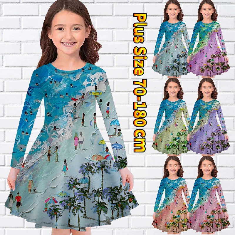 

2022 Autumn Round Neck Dress Little Girl Everyday Long Sleeve Skirt Casual Beach Print Princess Skirt Fashion Knee-length Skirt