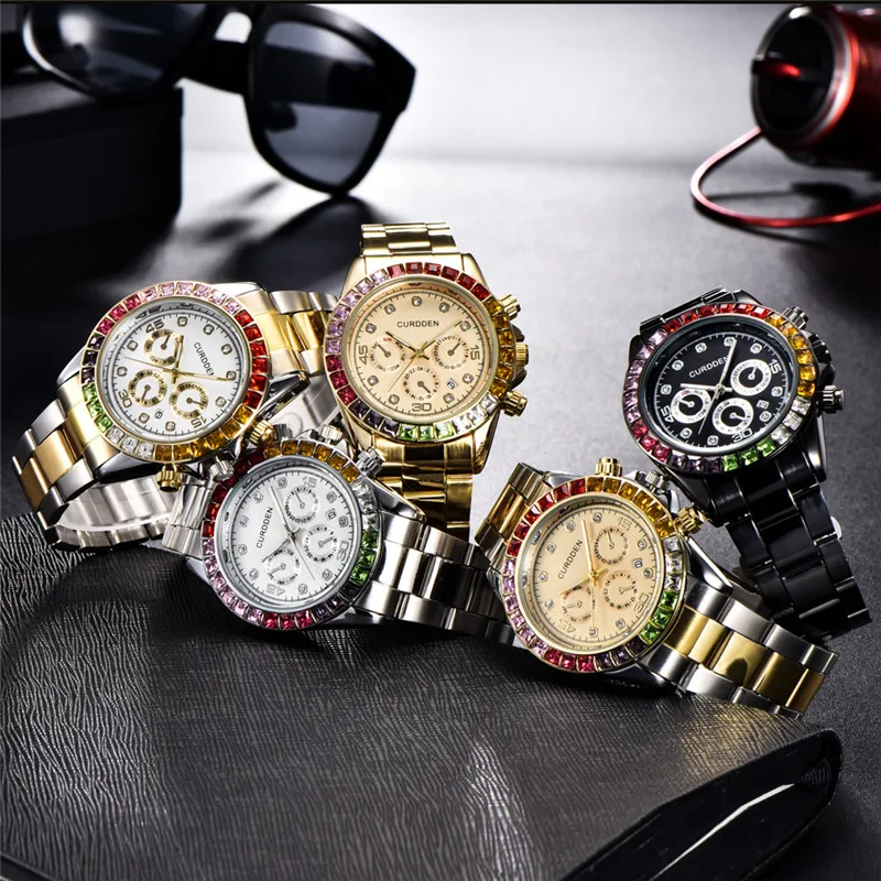 Muži originální CURDDEN značka hodinky móda plný nerez ocel pás diamant luxusní datle křemen hodinky montres de marque de luxe