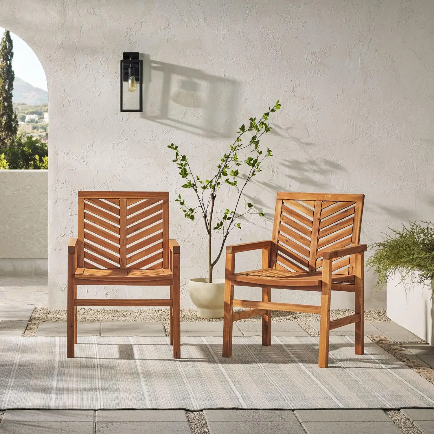 

Walker Edison 2 Piece Outdoor Patio Chevron Wood Chair Set All Weather Backyard Conversation Garden Poolside Balcony, Set of 2,