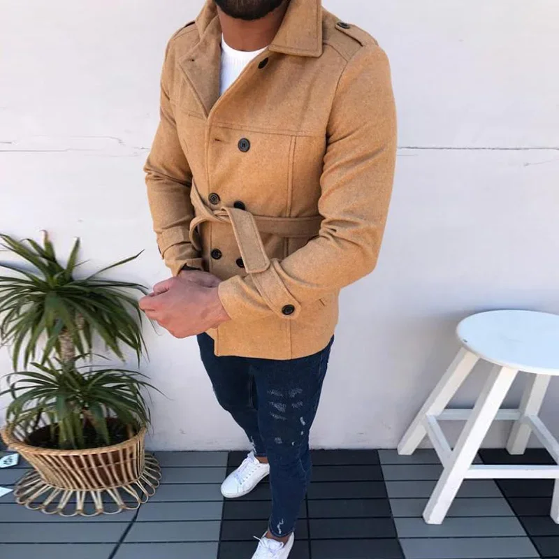 Description Picture 4 of itemMens Coat Belt Long Sleeve Windbreaker Double-breasted Woolen Overcoat Autumn Winter Male Cardigan Jaqueta Masculina