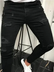 Men's Slim Fit Ripped Jeans - Breathable Soft Wash Streetwear Elastic Denim Pants - XXL (Black)