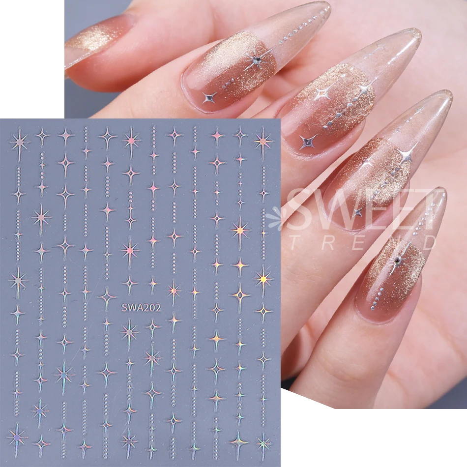 5pcs 금속 레이저 스타 네일 스티커 여성용 자체 접착 블랙 화이트 골드 실버 스타 네일 데칼 DIY 아트 장식 액세서리