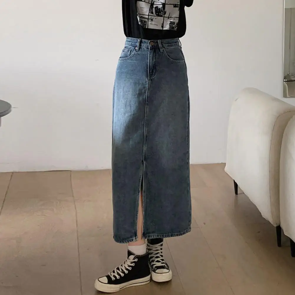 

Женская джинсовая юбка средней длины, однотонная винтажная джинсовая юбка с высокой талией, карманами с передним разрезом и пуговицами на молнии