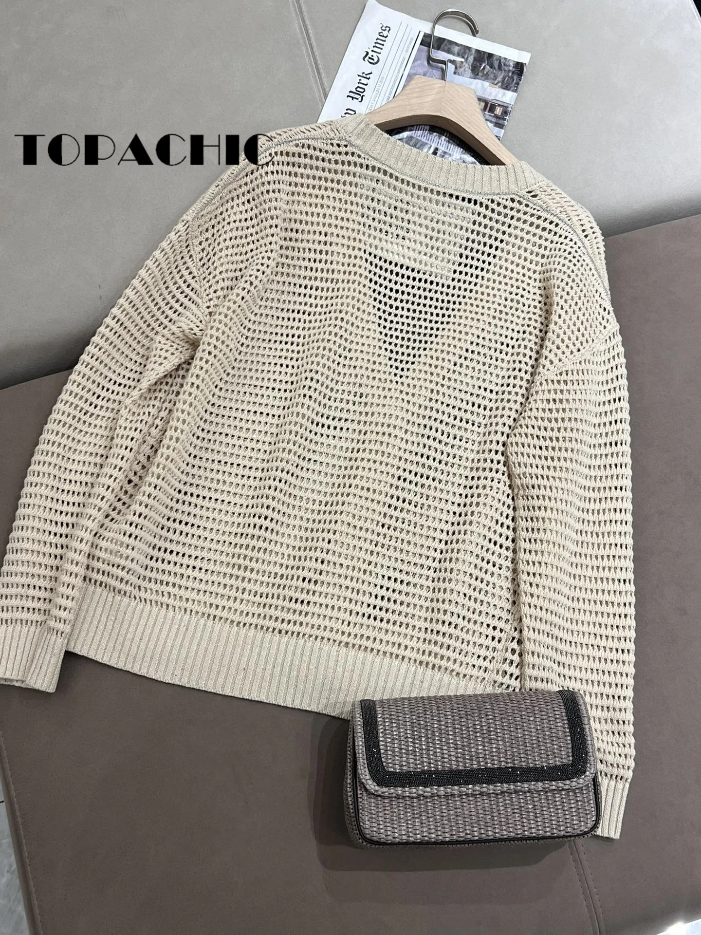 4.11 TOPACHIC 여성용 비즈 체인 리넨 할로우 아웃 니트 긴팔 가디건, 스팽글 V넥 루즈 가디건, 패션 신상