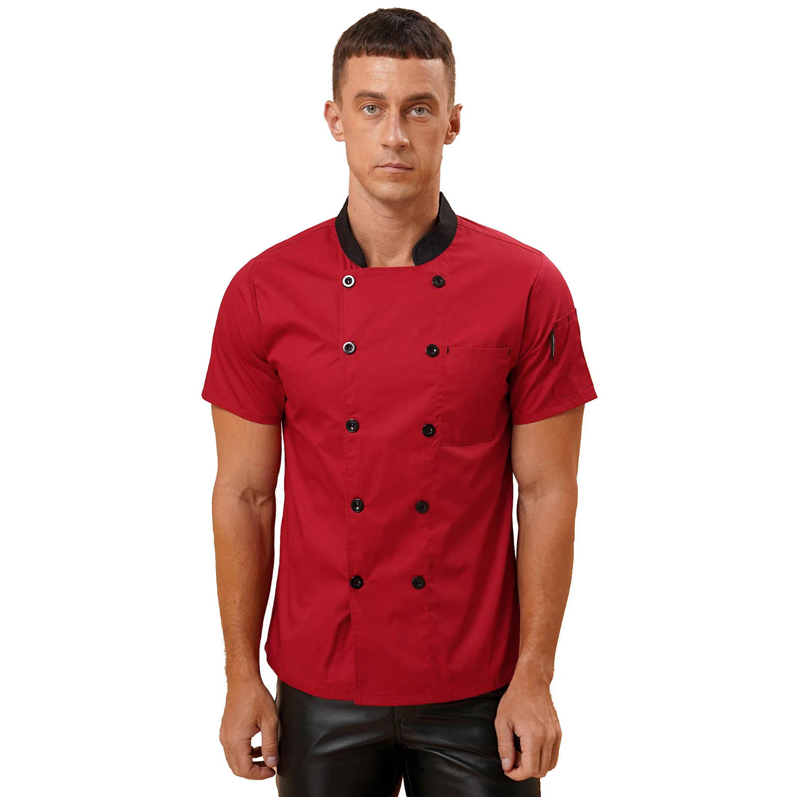 Mens Hotel Restaurant Kitchen Uniform New Chef Jacket Breathable Short Sleeve Chef Shirt Stand Collar Cooks Jacket