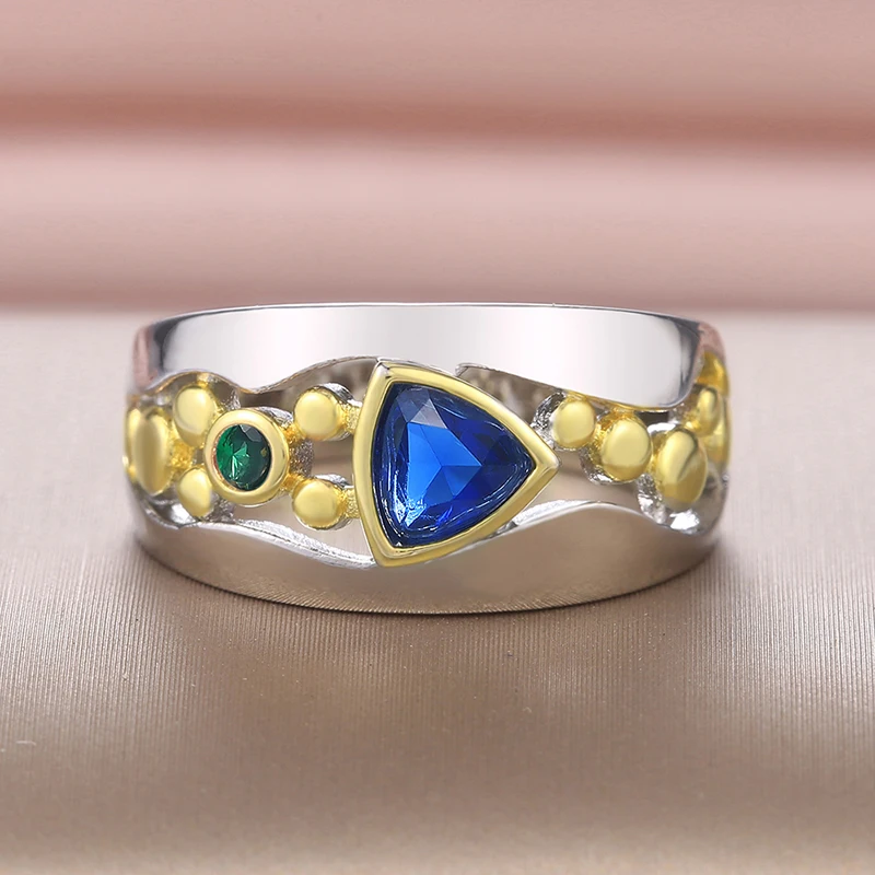 Huitan Two Tone Design Triangular Blue/Green CZ Women Rings - Image 6