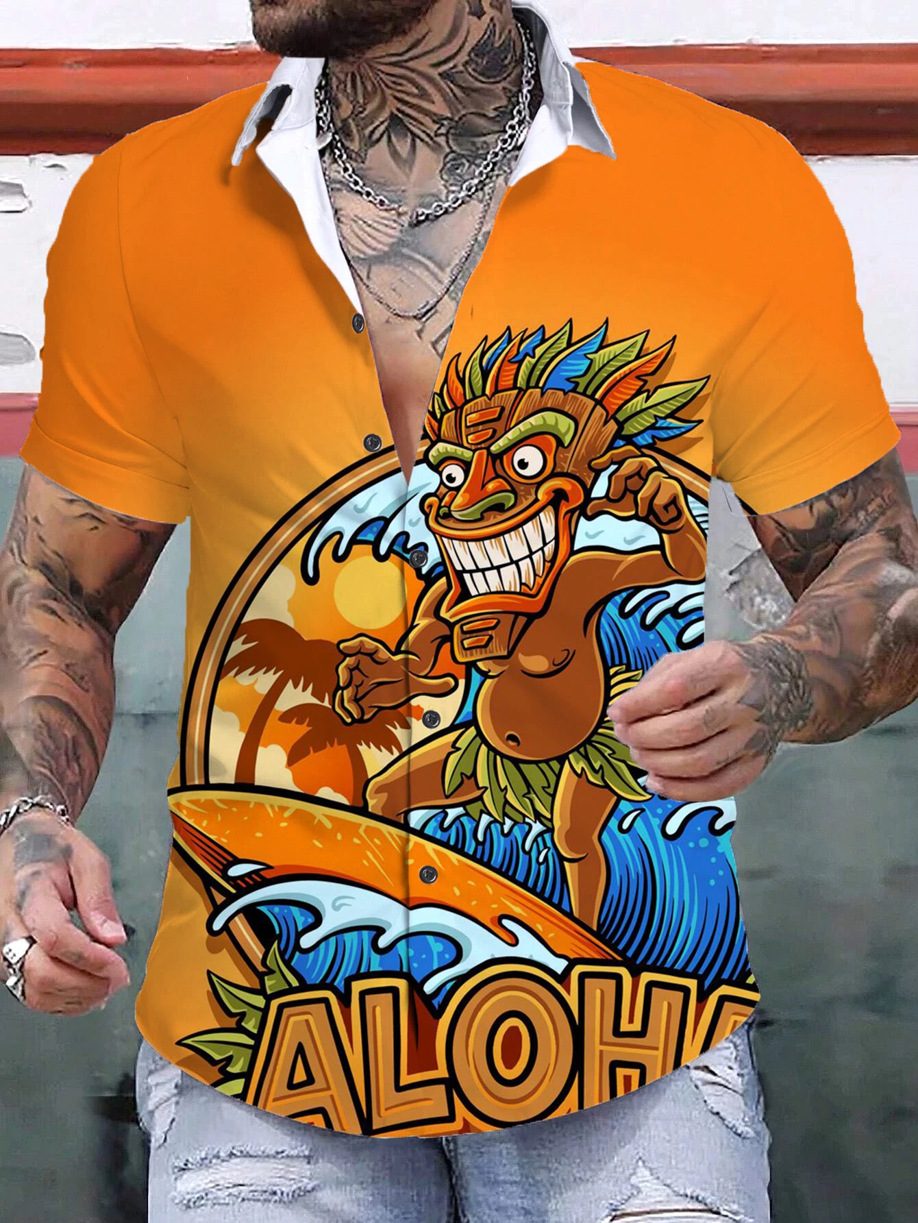 

Hawaiian Tiki Men's Shirts Summer Totem 3D Print Short Sleeved Tops Oversized Seaside Holiday Single Breasted Casual Clothing