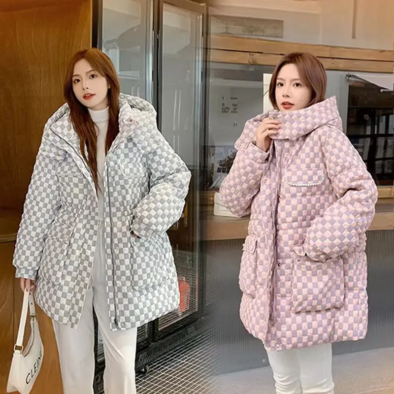 White Duck Down Filled Long Sleeved Down Jacket Chessboard Composite Fabric Medium Length Puffer Jacket Winter Coat Women