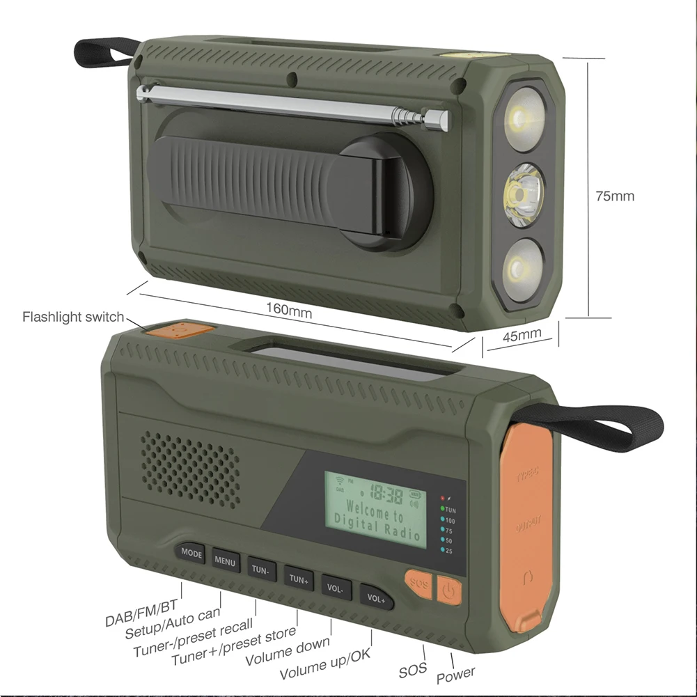 Radio Portable AM/FM/DAB+ Avec Torche, Charge Solaire Et Manivelle - Vert - IPX5 - Neuf