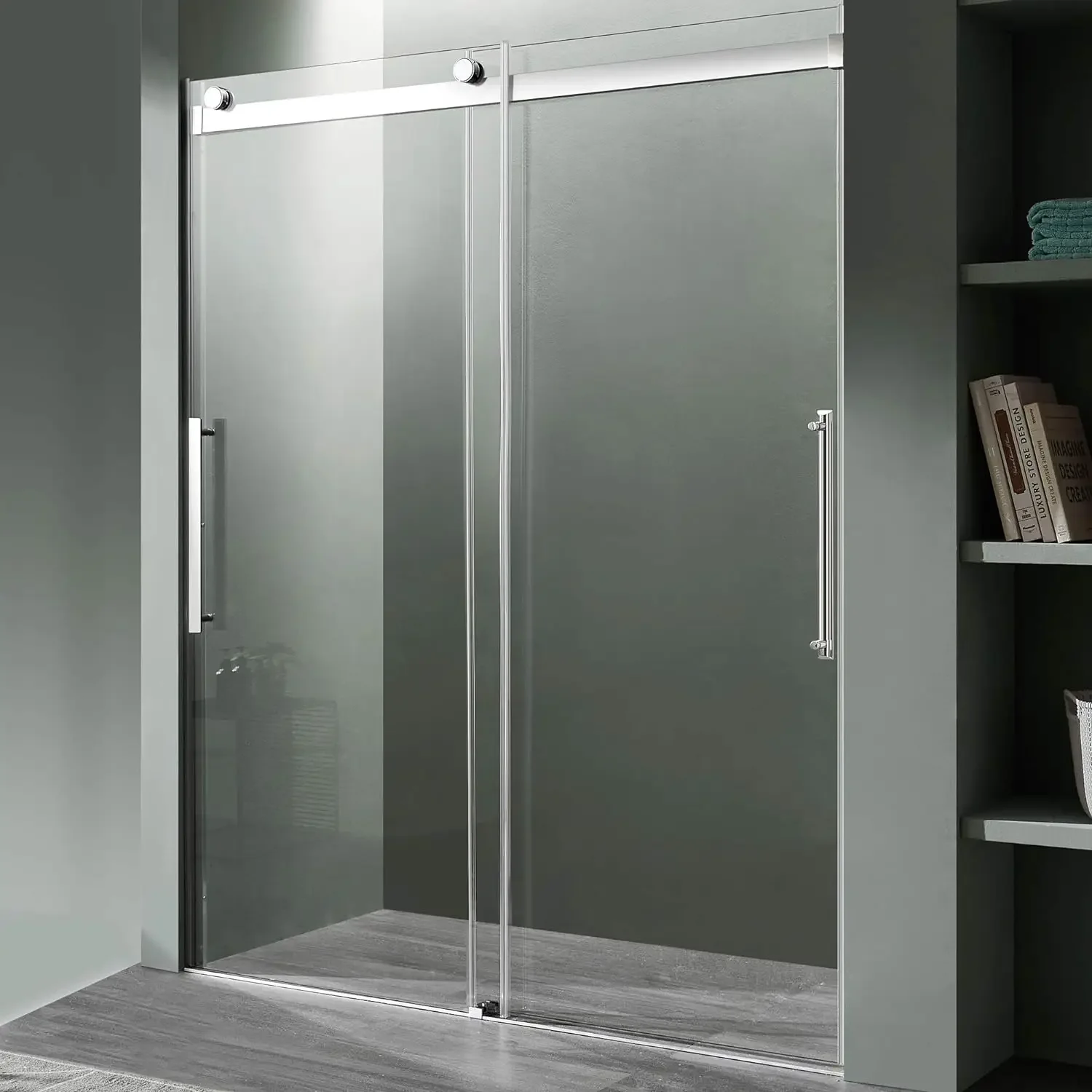 76" x 48" Frameless Shower Door in Polished Chrome Stella Water Repellent Glass Shower Door with Seal Strip Parts and Handle