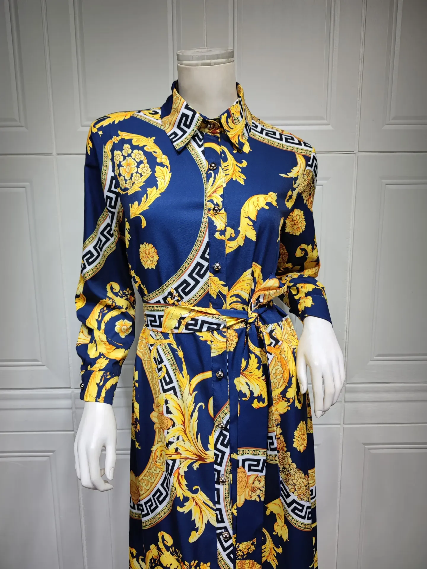 Ethnic Print Maxi Dresses for Women Single-breasted Lapel Shirt Dress Dubai Turkey Arabic Oman Middle East Clothing 2023 New