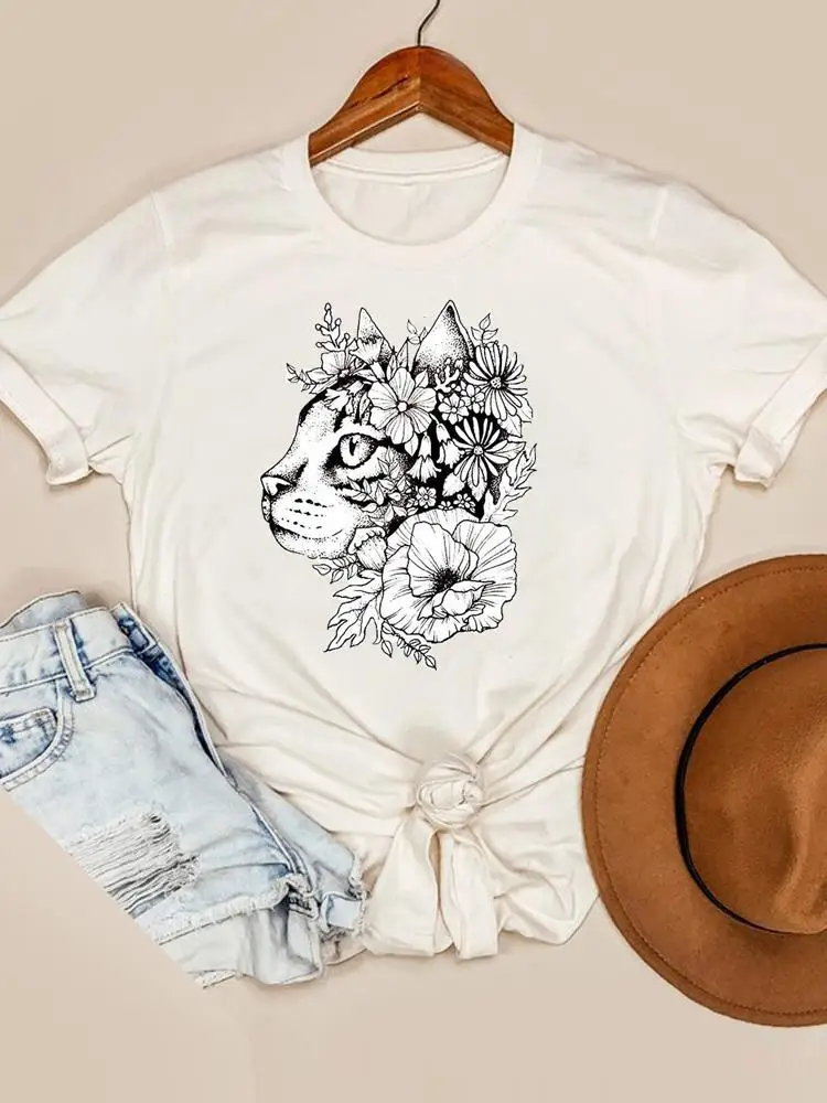 

Flower Cat Lovely Trend 90s Women Short Sleeve Print Tshirt Graphic T-shirts Tee Top Fashion Summer Spring Printing Clothing