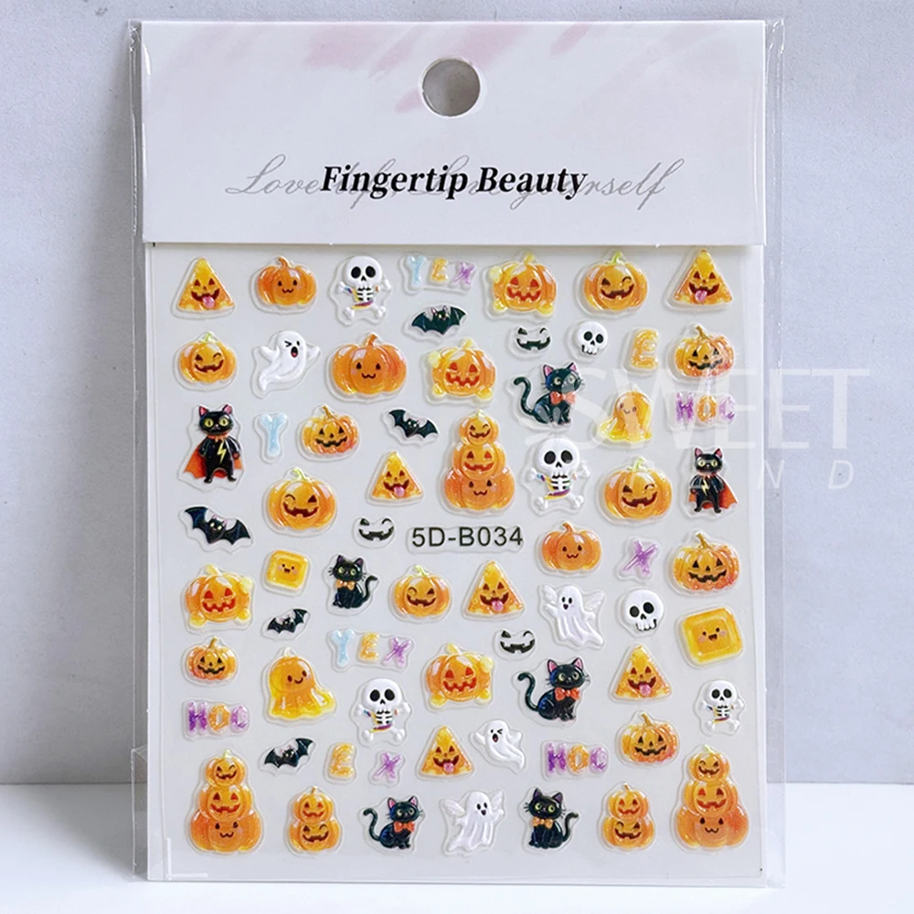 1/3pcs 5D Embossed Halloween Nail Stickers Cute Skull Pumpkin Ghost Spider Nail Silder Decals Nail Supplies Manicure Decoration