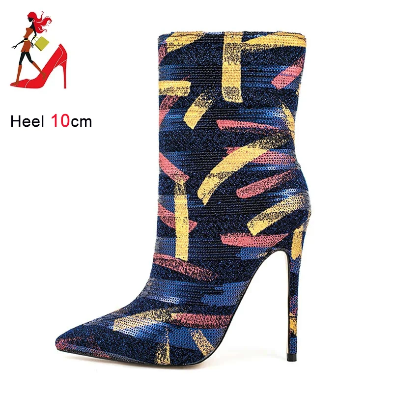 

Fetish Ladies Mid-Calf Boots Shiny Sequin High Heels Pointed Toe Thin Heeled Shoes Fashion Graffiti Night Club Booties For Women