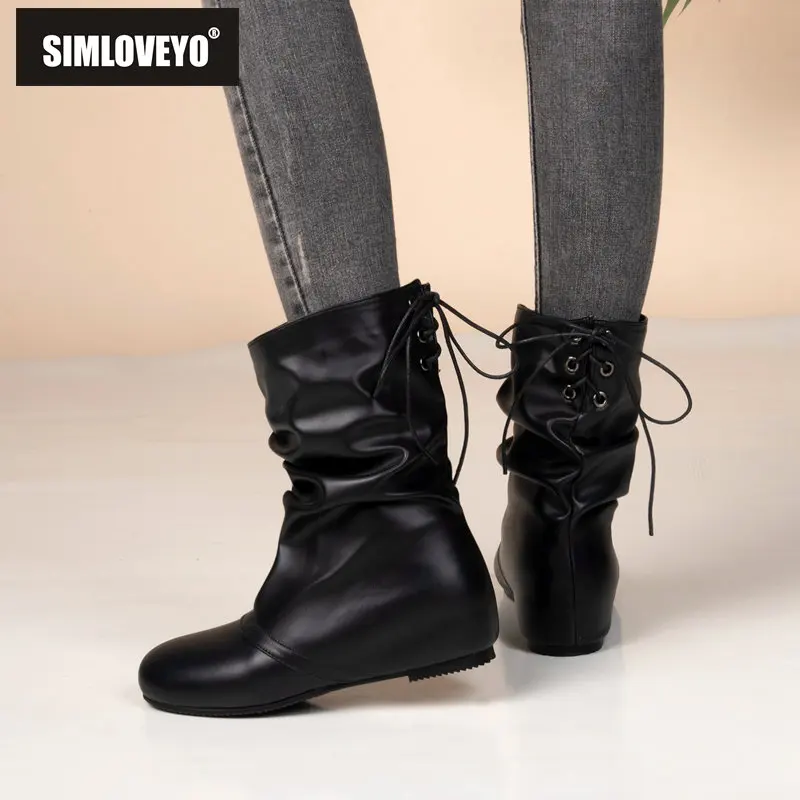 

SIMLOVEYO Brand Women Ankle Boots Round Toe Wedges Heel Lace Up Large Size 47 48 Casual Daily Female Pleated Booty Concise Shoes